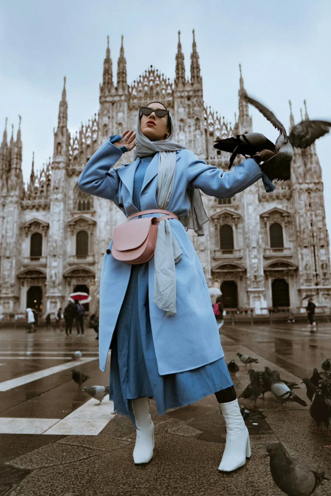 Woman in blue wool coat