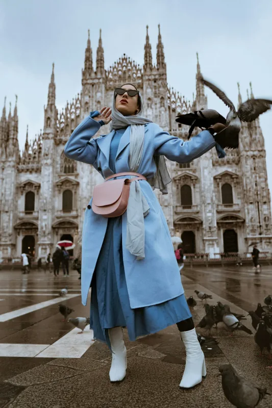 Woman in blue wool coat